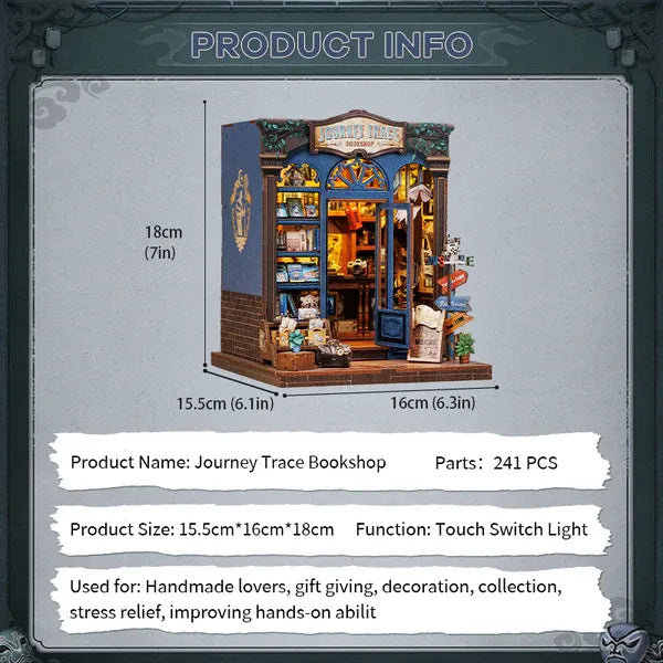 DIY Journey Trace Bookshop Kit - Miniature Wooden Book Nook with LED Light