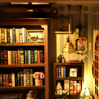 Blue Bookstore Reading Room – DIY Book Nook Kit with LED Touch Lamp (3D wooden puzzle)