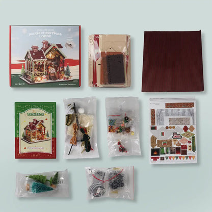 Warm Christmas Lodge – DIY Miniature House Kit with LED Lights & Music Box