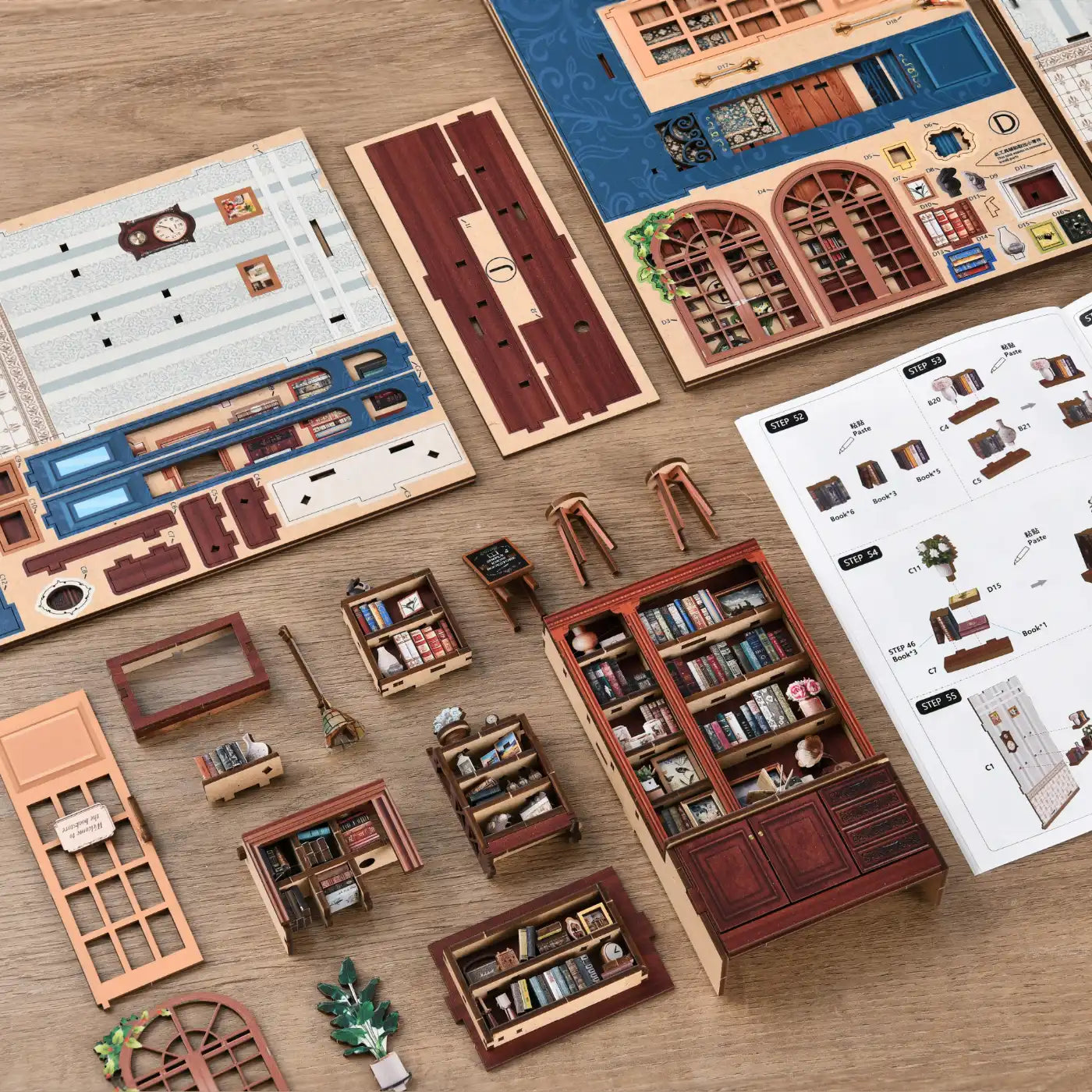 Blue Bookstore Reading Room – DIY Book Nook Kit with LED Touch Lamp (3D wooden puzzle)