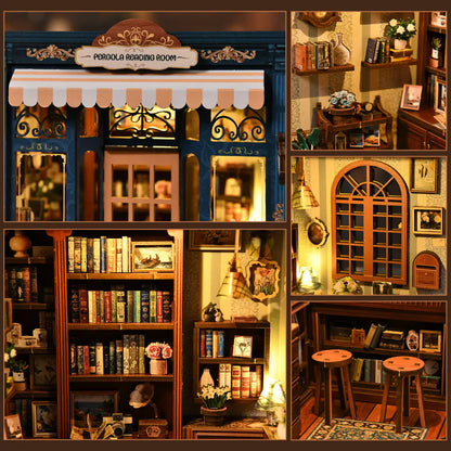 Blue Bookstore Reading Room – DIY Book Nook Kit with LED Touch Lamp (3D wooden puzzle)
