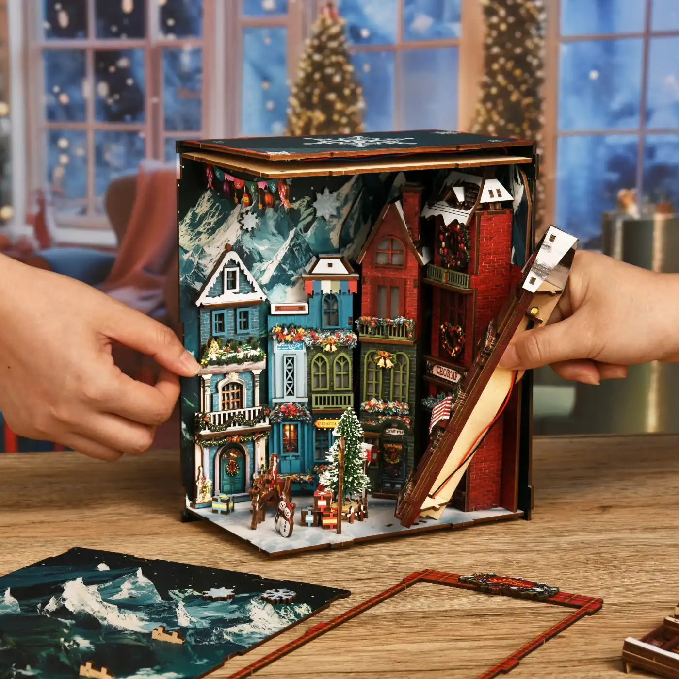 Christmas Street Corner – DIY Book Nook Kit with LED Touch Lamp (3D wooden puzzle)