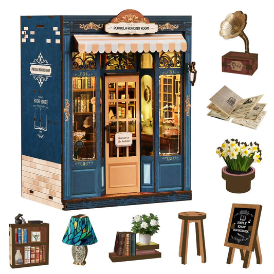 Blue Bookstore Reading Room – DIY Book Nook Kit with LED Touch Lamp (3D wooden puzzle)