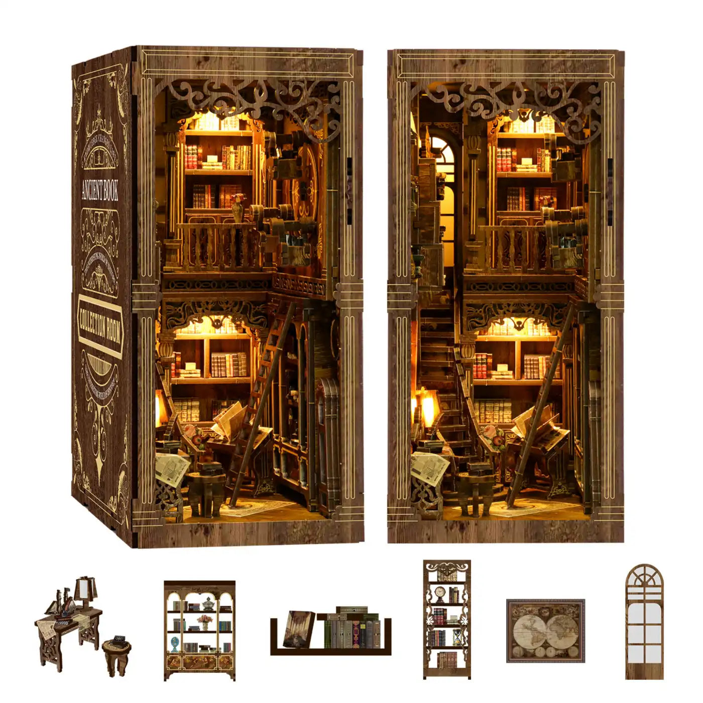 Antique Book Collection Room – DIY Book Nook Kit with LED Touch Lamp (3D wooden puzzle)