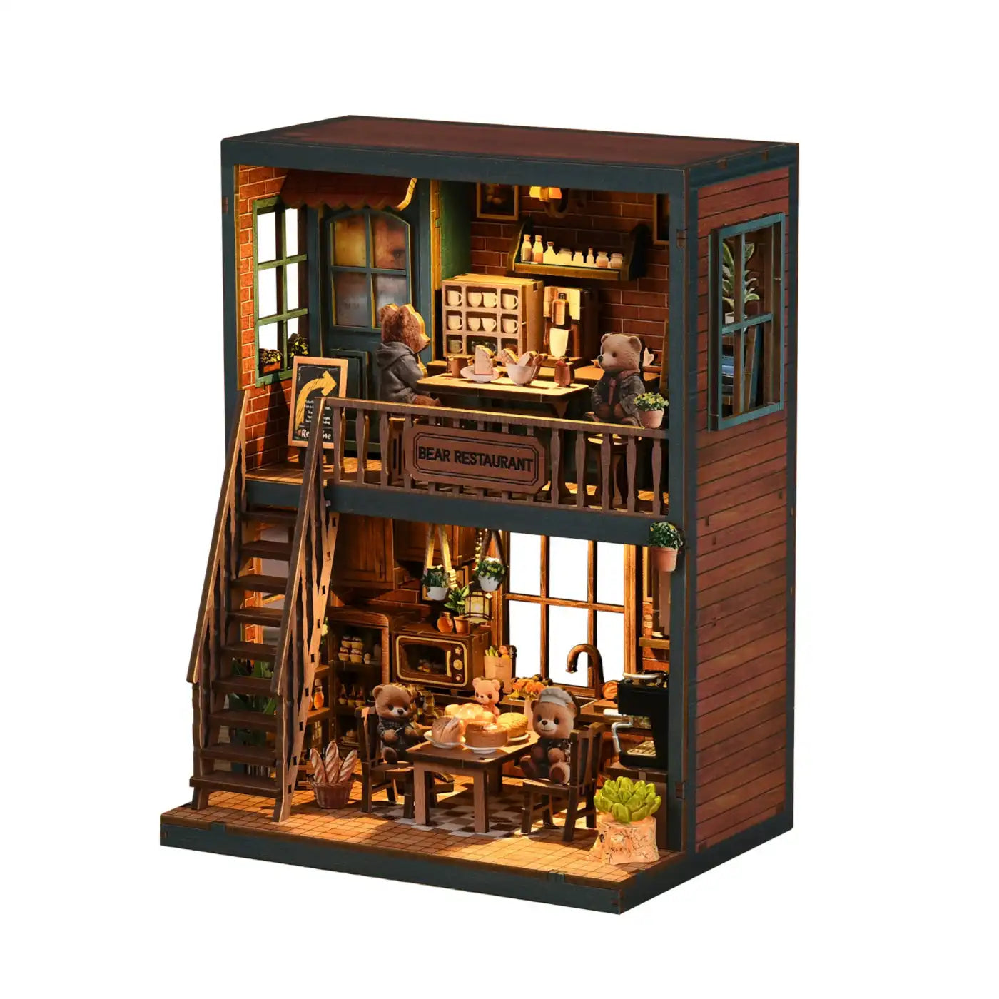 Bear Restaurant – DIY Mini House Kit with LED Touch Light(3D wooden puzzle)