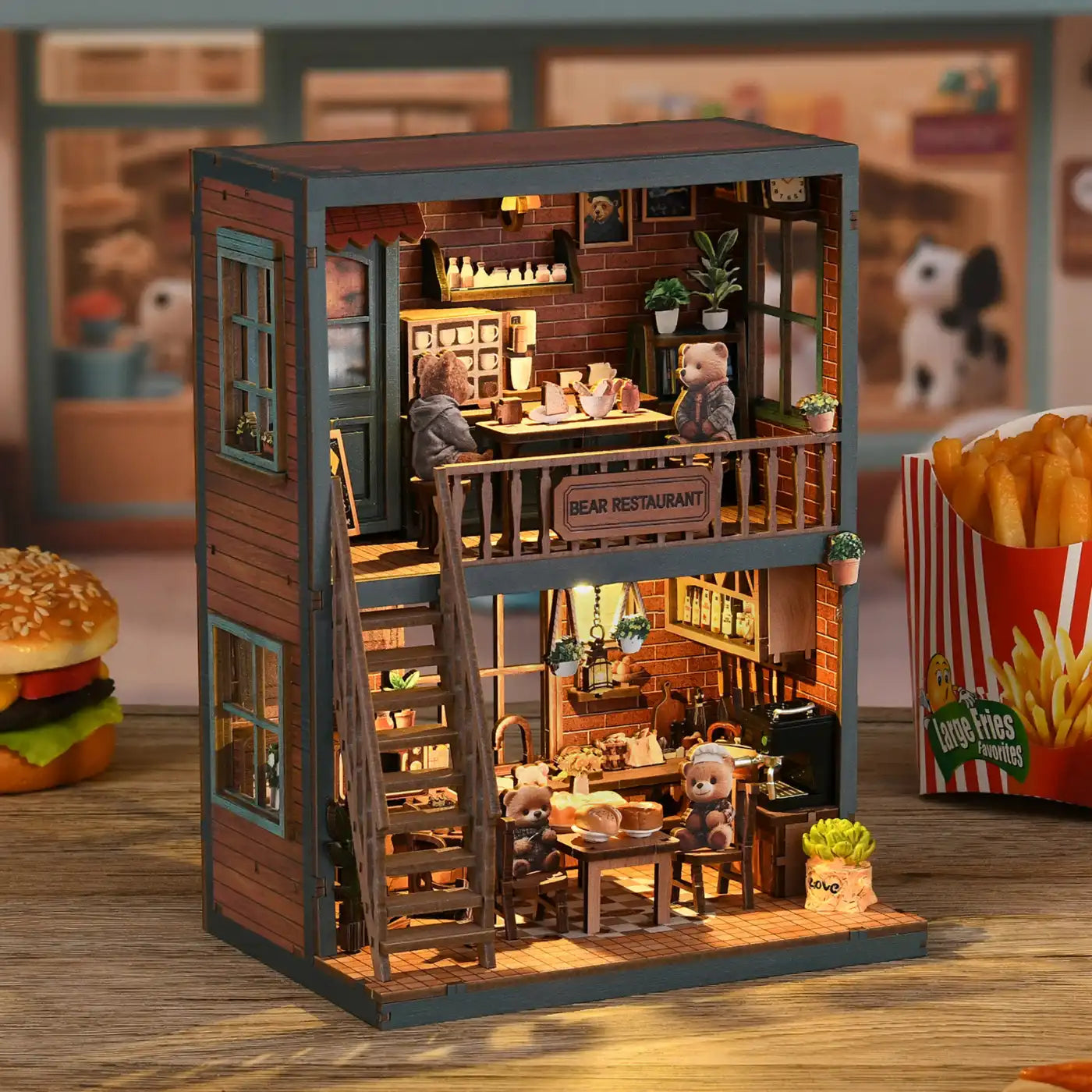 Bear Restaurant – DIY Mini House Kit with LED Touch Light(3D wooden puzzle)
