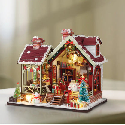 Warm Christmas Lodge – DIY Miniature House Kit with LED Lights & Music Box