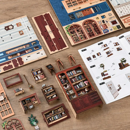 Blue Bookstore Reading Room – DIY Book Nook Kit with LED Touch Lamp (3D wooden puzzle)