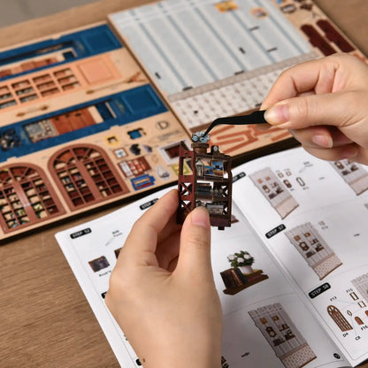 Blue Bookstore Reading Room – DIY Book Nook Kit with LED Touch Lamp (3D wooden puzzle)