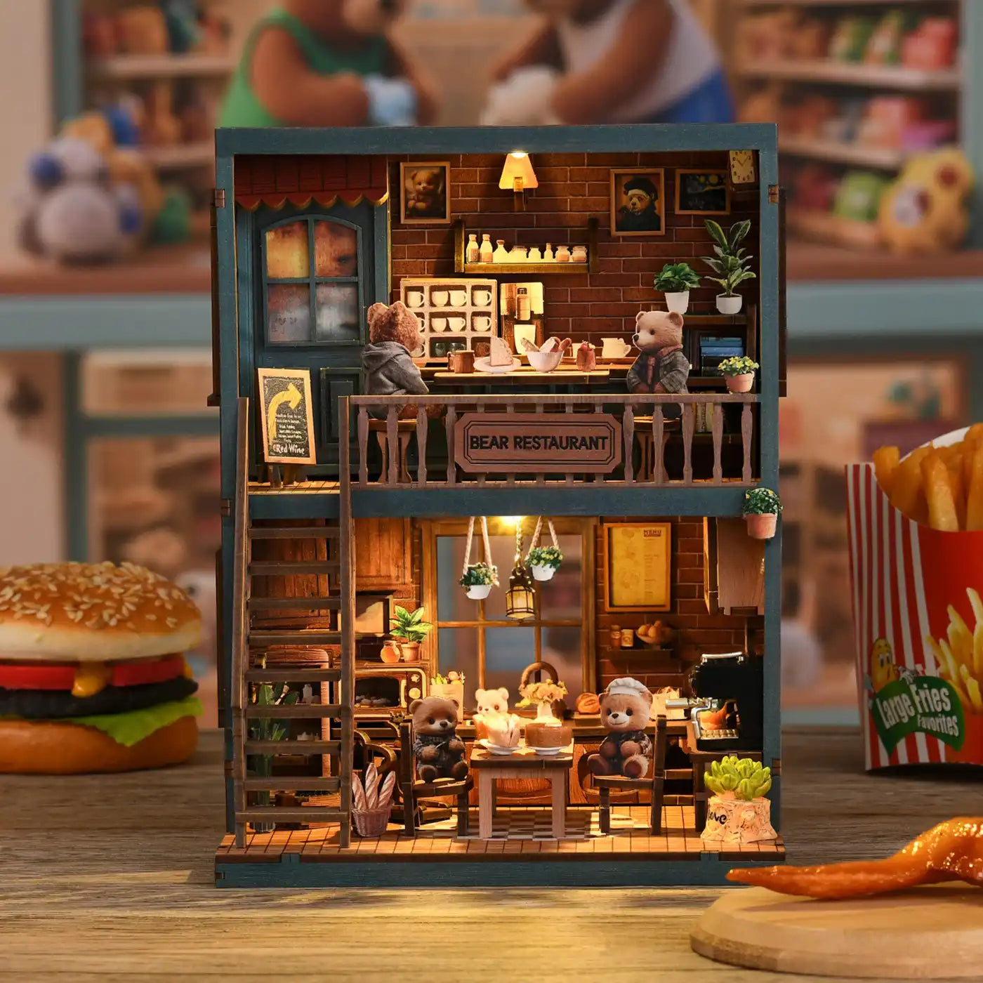Bear Restaurant – DIY Mini House Kit with LED Touch Light(3D wooden puzzle)