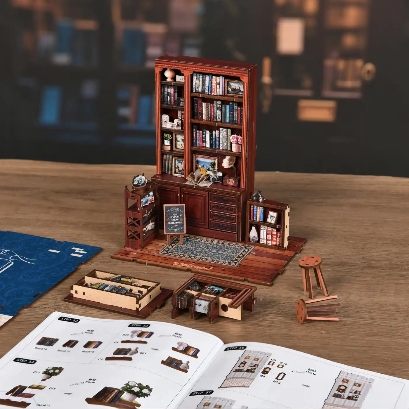 Blue Bookstore Reading Room – DIY Book Nook Kit with LED Touch Lamp (3D wooden puzzle)