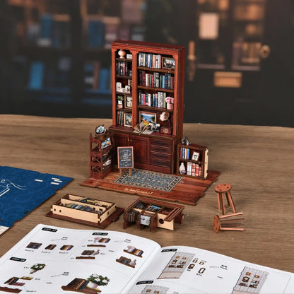Blue Bookstore Reading Room – DIY Book Nook Kit with LED Touch Lamp (3D wooden puzzle)