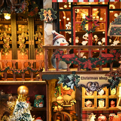 Christmas Shop – DIY Book Nook Kit with LED Touch Lamp and Music Box (3D Wooden Puzzle)