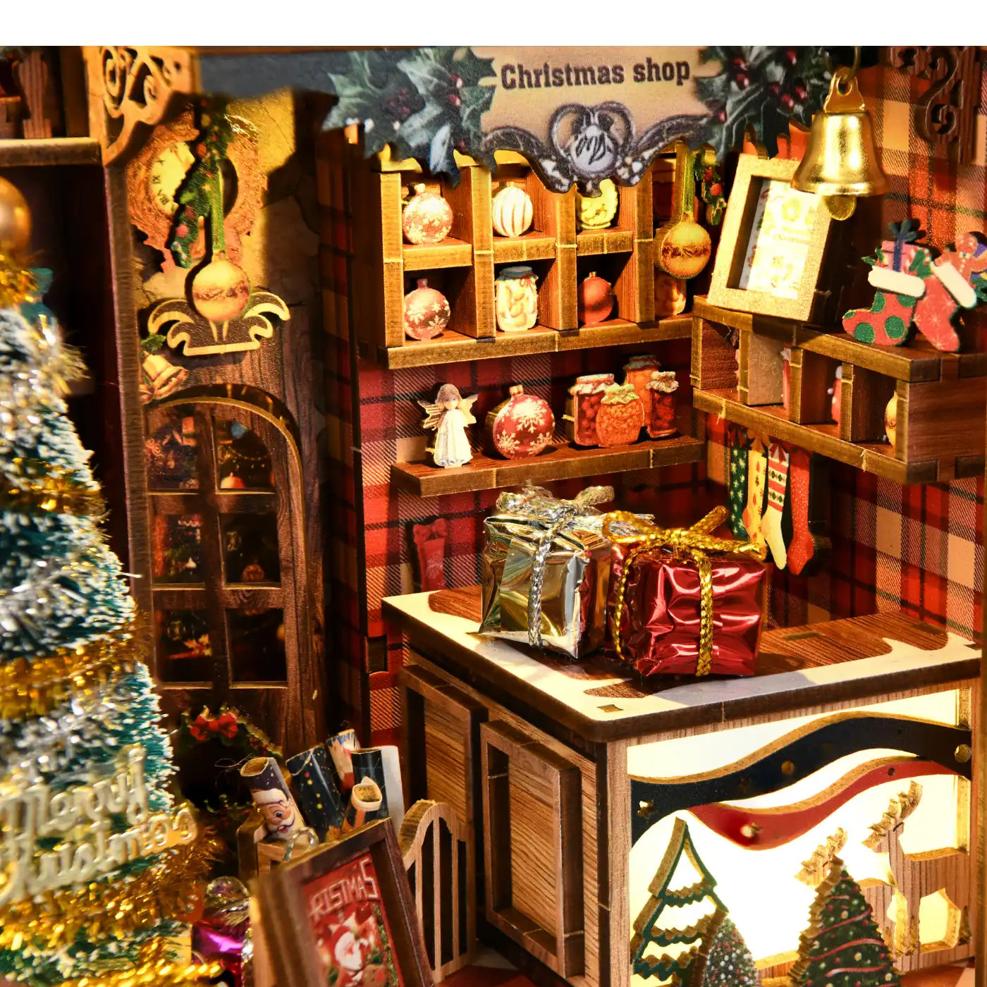Christmas Shop – DIY Book Nook Kit with LED Touch Lamp and Music Box (3D Wooden Puzzle)