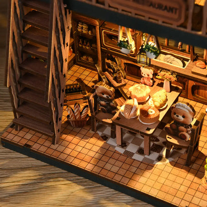 Bear Restaurant – DIY Mini House Kit with LED Touch Light(3D wooden puzzle)