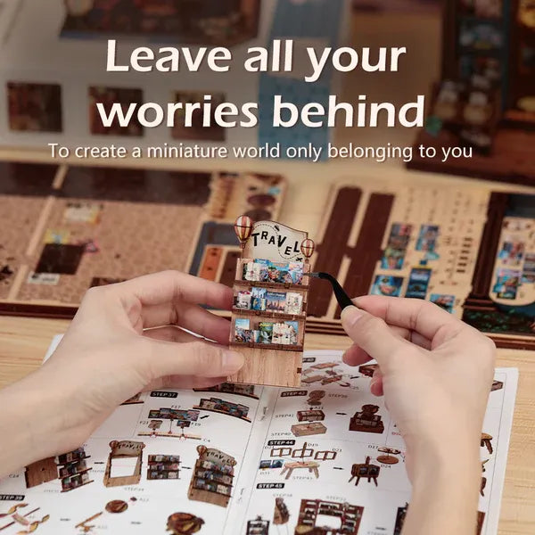 DIY Journey Trace Bookshop Kit - Miniature Wooden Book Nook with LED Light