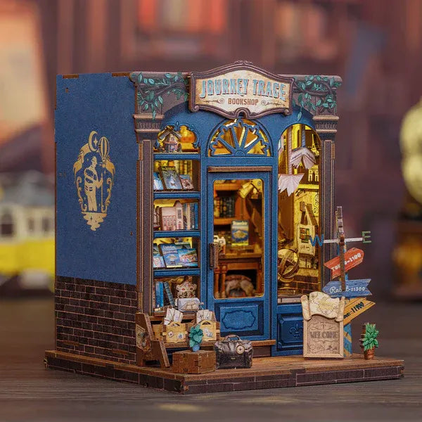 DIY Journey Trace Bookshop Kit - Miniature Wooden Book Nook with LED Light