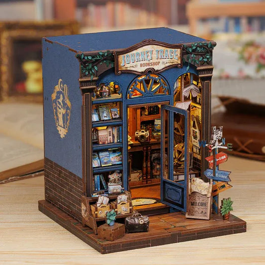 DIY Journey Trace Bookshop Kit - Miniature Wooden Book Nook with LED Light