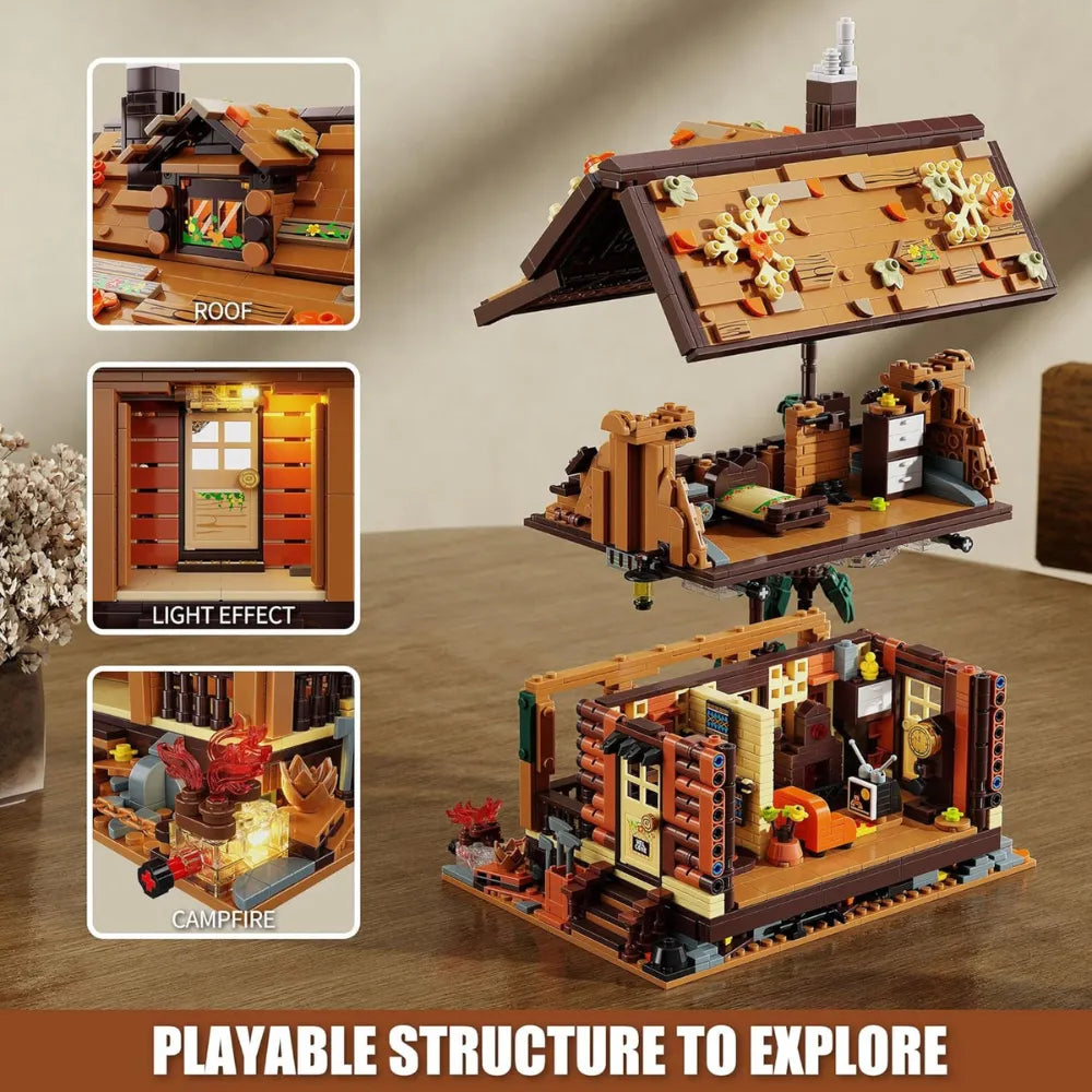 Wood Cabin Building Blocks Set